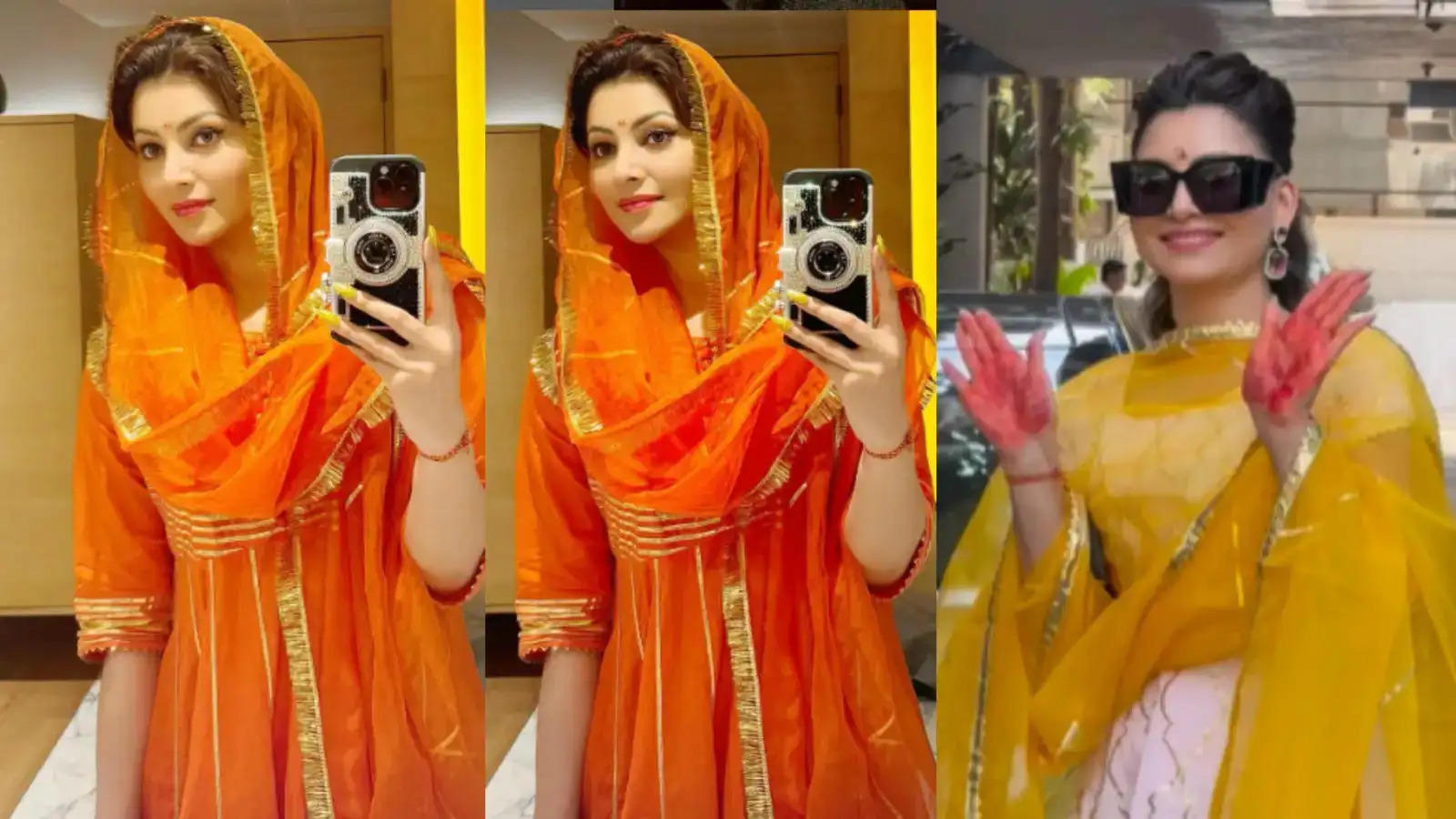 Fans Get Amazed As Urvashi Rautela Radiant Elegance In An Orange Salwar Suit For First Day New House Opening Pooja